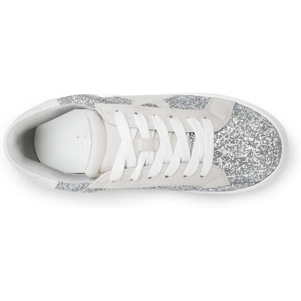 Womens Silver Rhinestone Glitter Star Low Top Comfortable Walking Sneakers Shoes - Picture 5 of 6